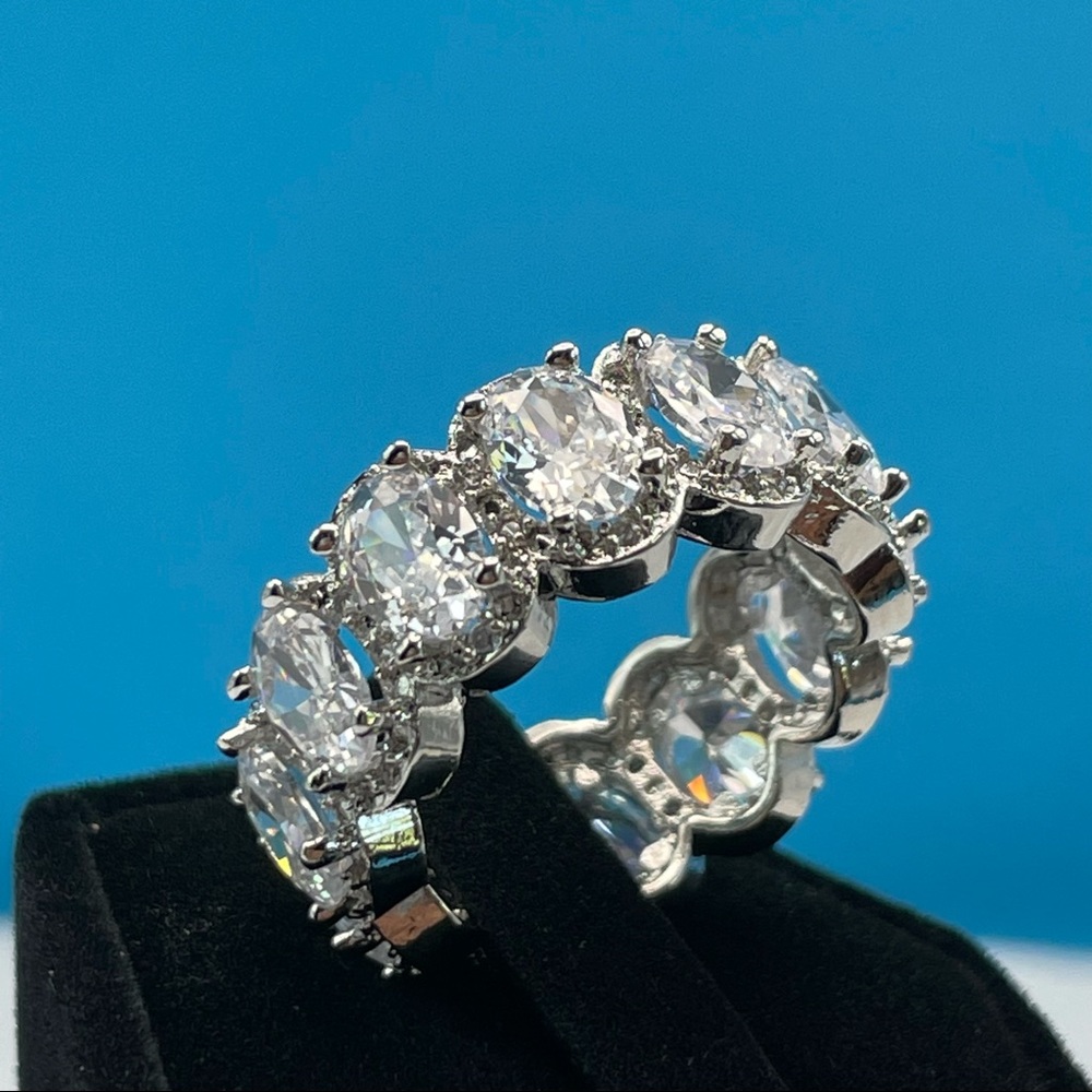 Beautiful Statement Oval Cut Eternity Halo Diamond CZ Silver Plated Band Ring